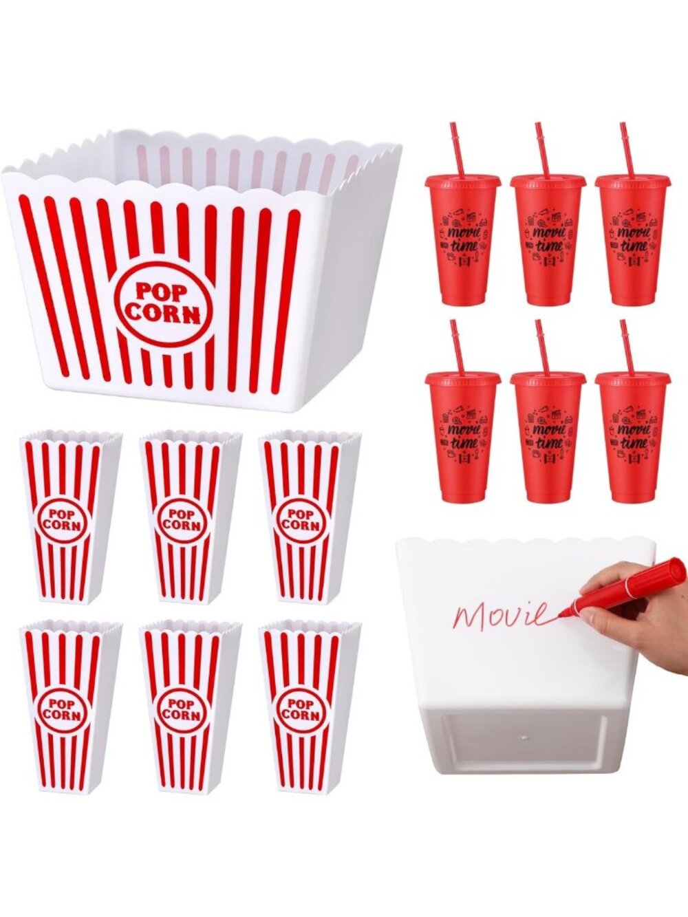 15 Pcs Movie Night Popcorn Container Set with Bowls & Cups - Fun Snack Party